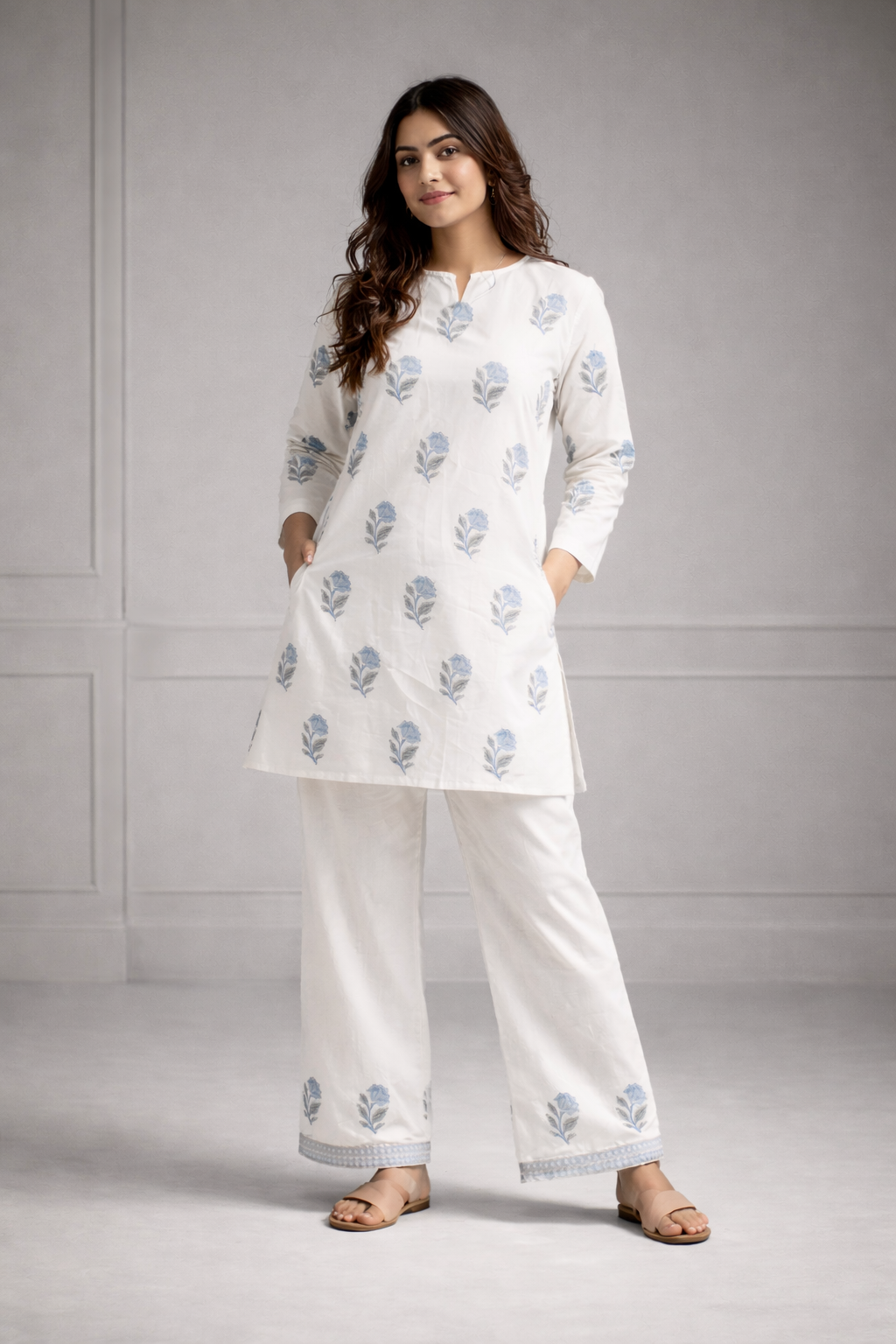 Elegant White Hand-Block Floral Tunic Set for Women