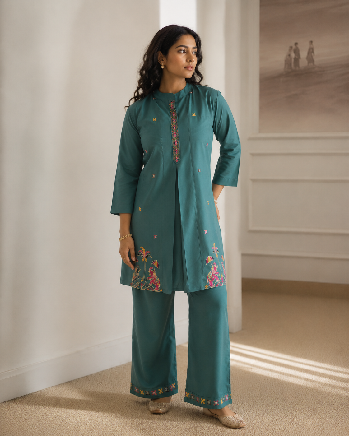 Mehakti Teal Green Cotton Cord-ord set in Thread Embroidery