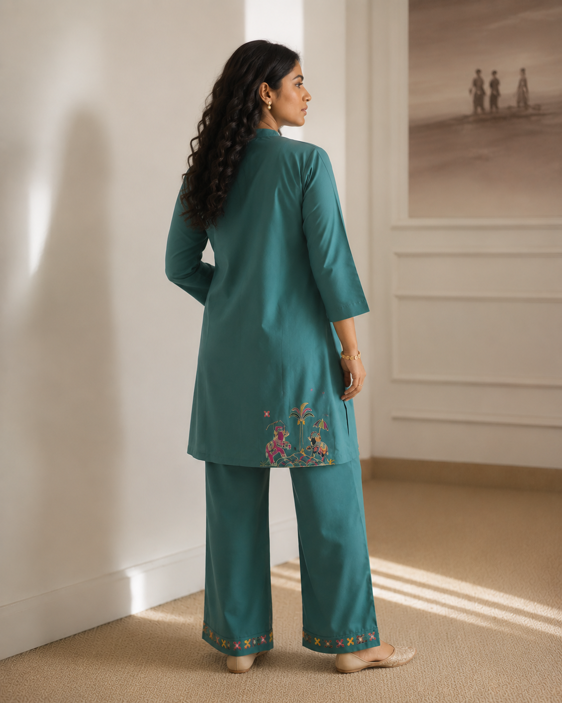 Mehakti Teal Green Cotton Cord-ord set in Thread Embroidery