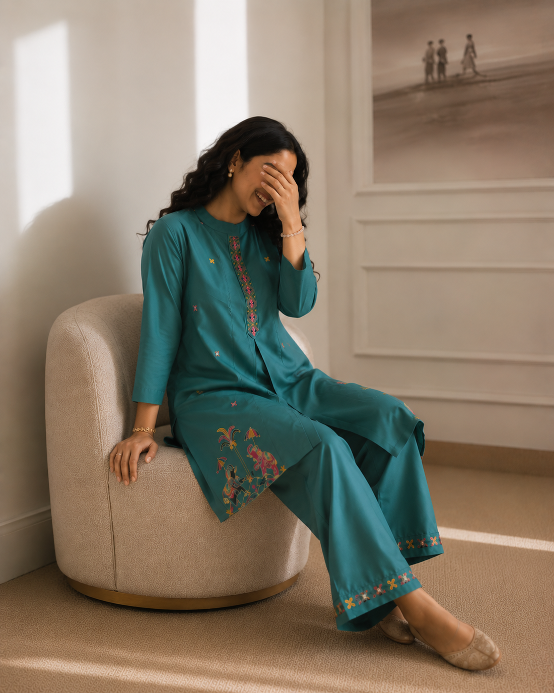 Mehakti Teal Green Cotton Cord-ord set in Thread Embroidery