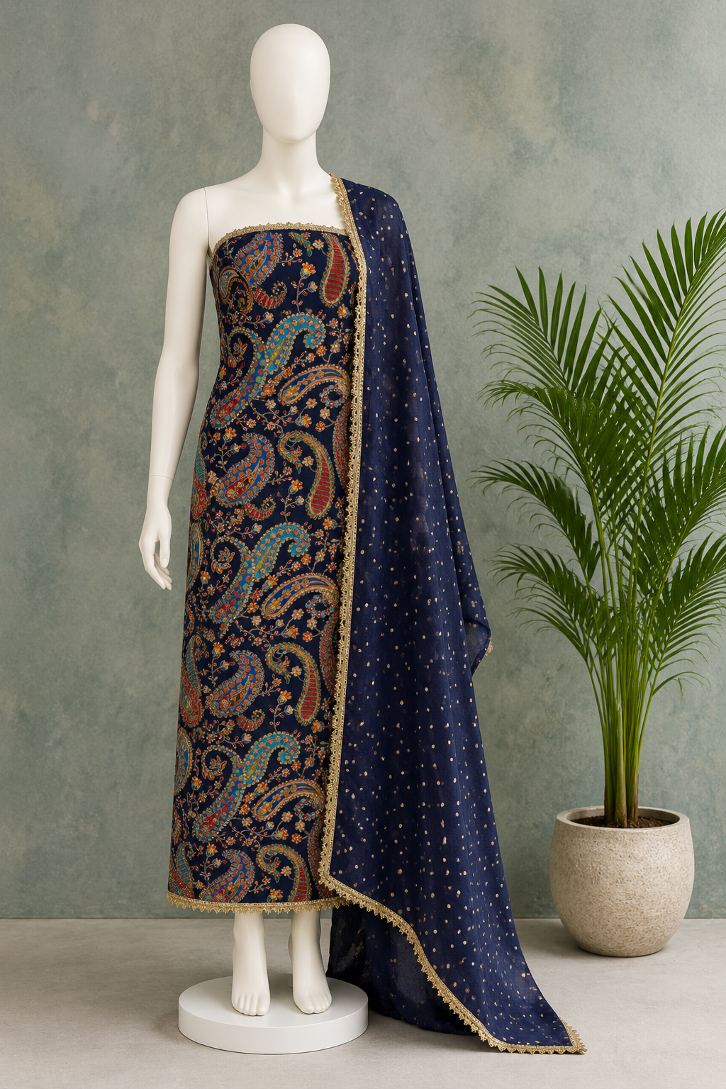Noor Royal Blue Mirror Embroidered Unstitched Suit Set