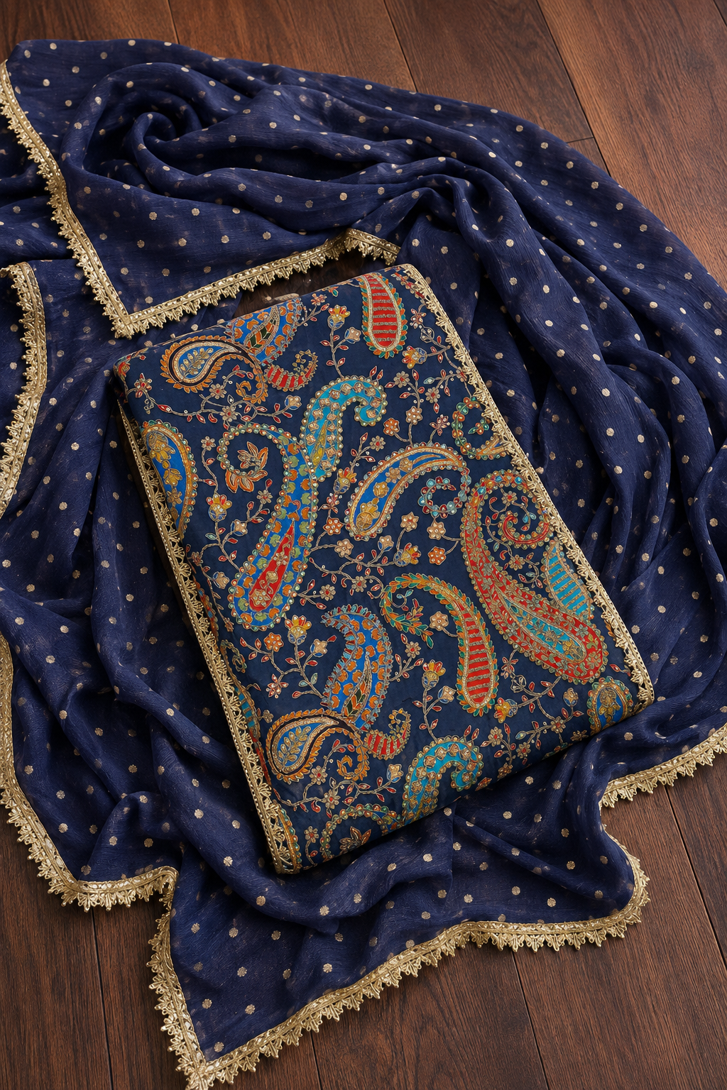 Noor Royal Blue Mirror Embroidered Unstitched Suit Set