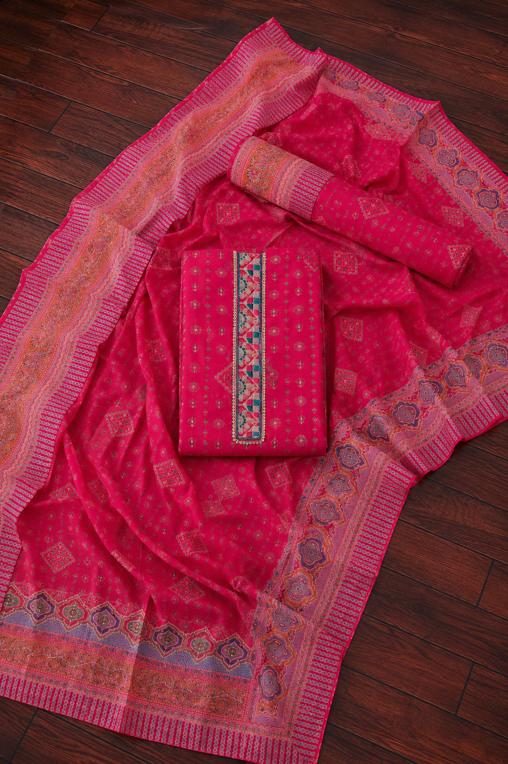Kashmiri Rani Pink Khani Print Unstitched Suit Set