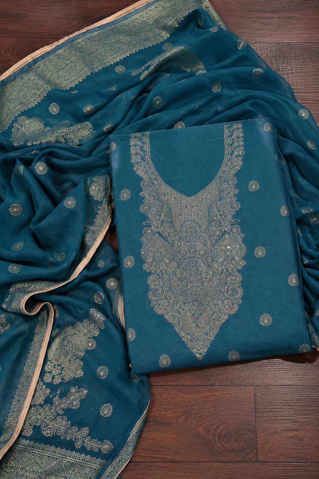 Sargani Aqua Blue Banarasi Weave Unstitched Suit Set