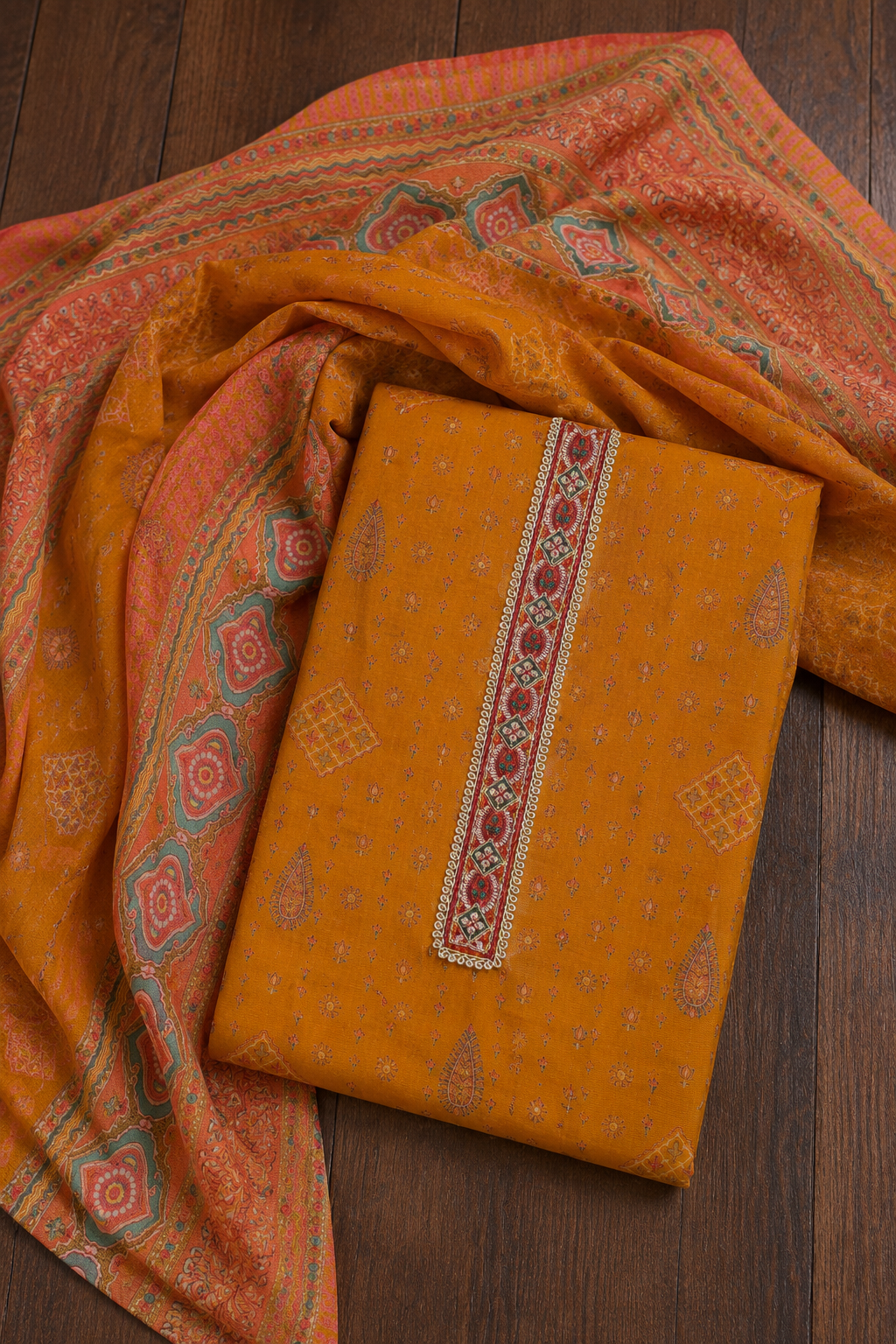 Kashmiri Mustard Yellow Khani Print Unstitched Suit Set