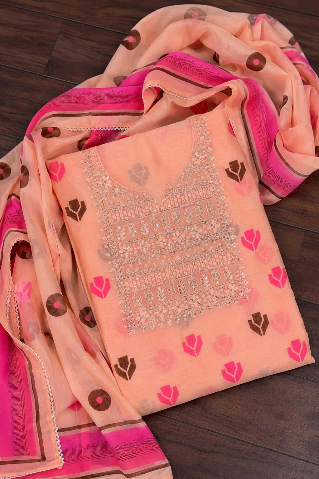 Gulnaar Soft Peach Patchwork Embroidered Unstitched Suit Set