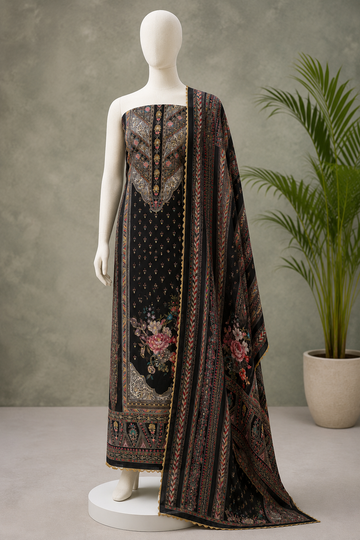 Midnight Black Floral Muslin Unstitched Suit Set with Chiffon Dupatta