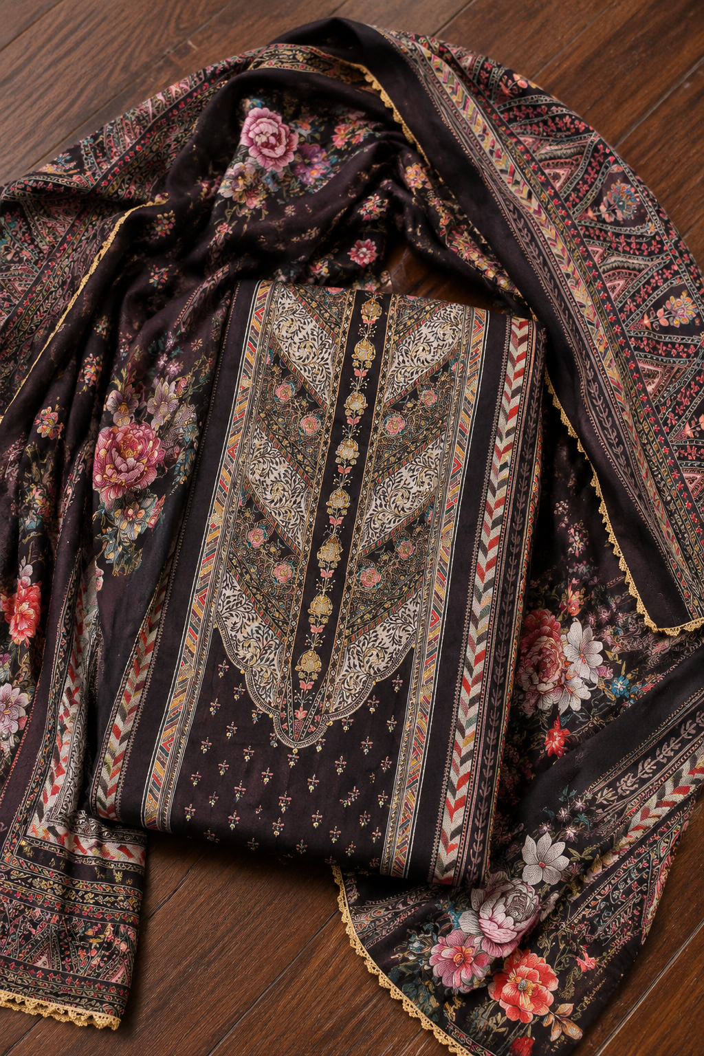 Midnight Black Floral Muslin Unstitched Suit Set with Chiffon Dupatta