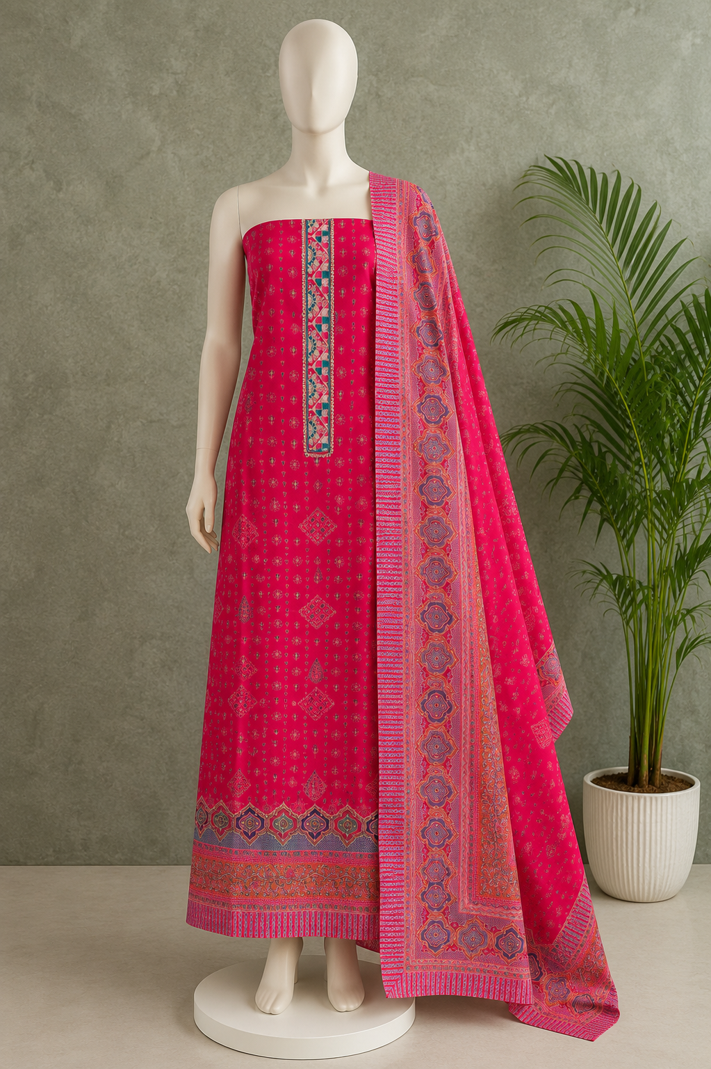 Kashmiri Rani Pink Khani Print Unstitched Suit Set
