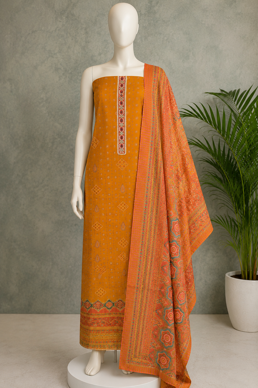 Kashmiri Mustard Yellow Khani Print Unstitched Suit Set