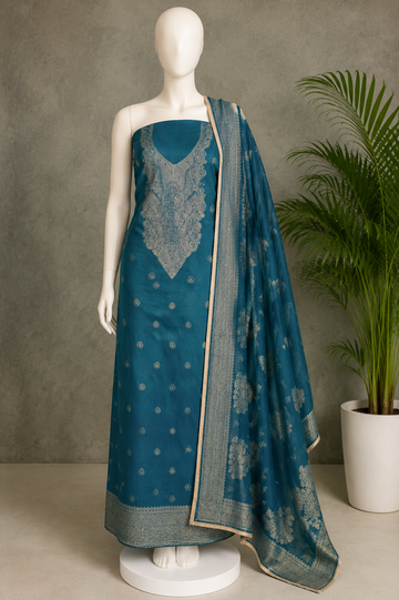 Sargani Aqua Blue Banarasi Weave Unstitched Suit Set