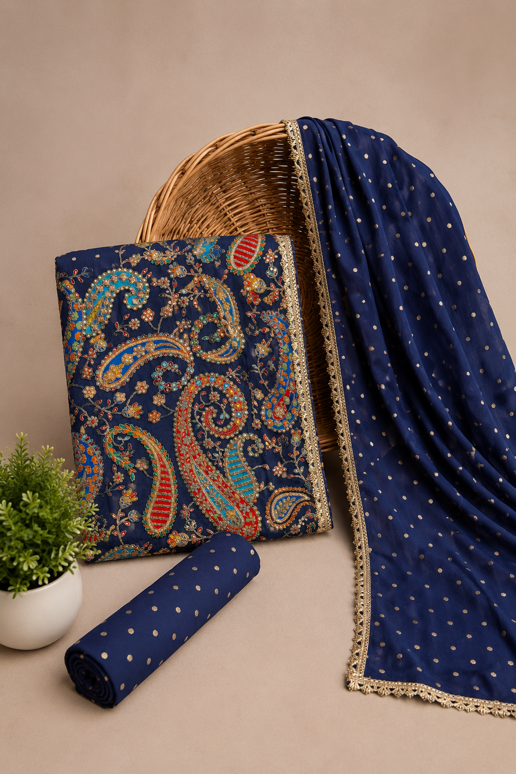 Noor Royal Blue Mirror Embroidered Unstitched Suit Set