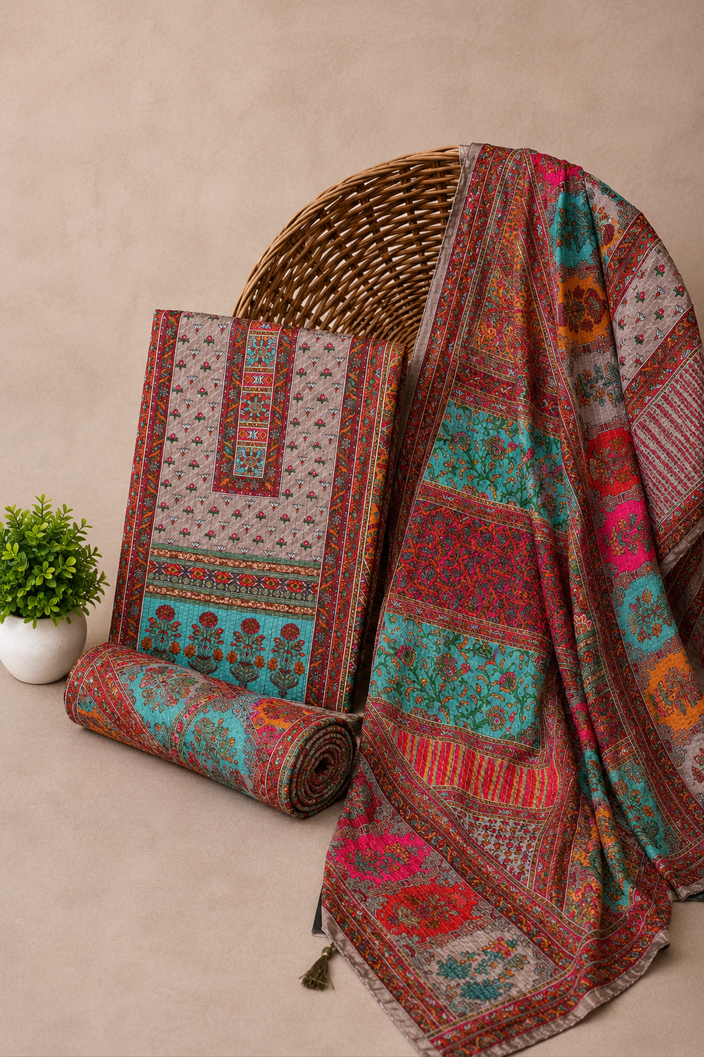 Kashida Print Muslin Silk Pakistani Unstitched Ensemble