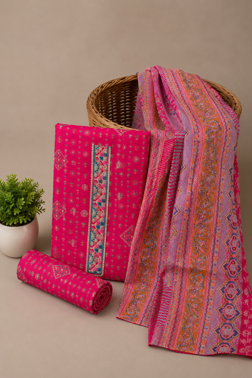 Kashmiri Rani Pink Khani Print Unstitched Suit Set