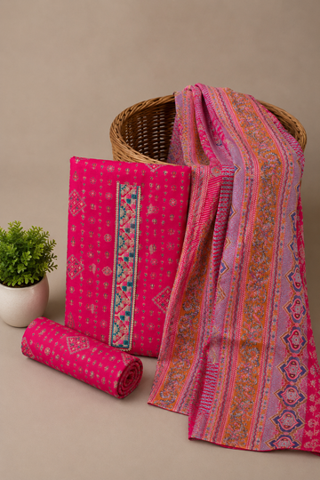 Kashmiri Rani Pink Khani Print Unstitched Suit Set