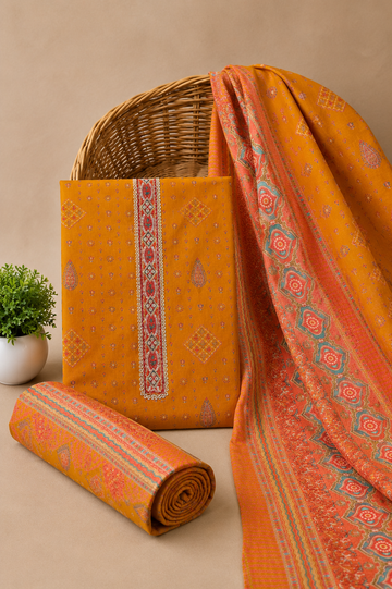 Kashmiri Mustard Yellow Khani Print Unstitched Suit Set