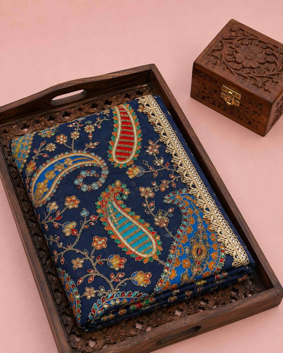 Noor Royal Blue Mirror Embroidered Unstitched Suit Set