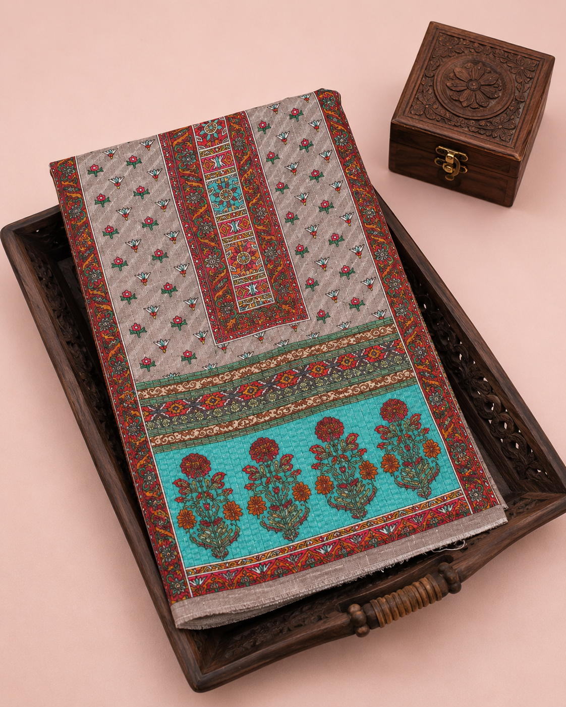 Kashida Print Muslin Silk Pakistani Unstitched Ensemble