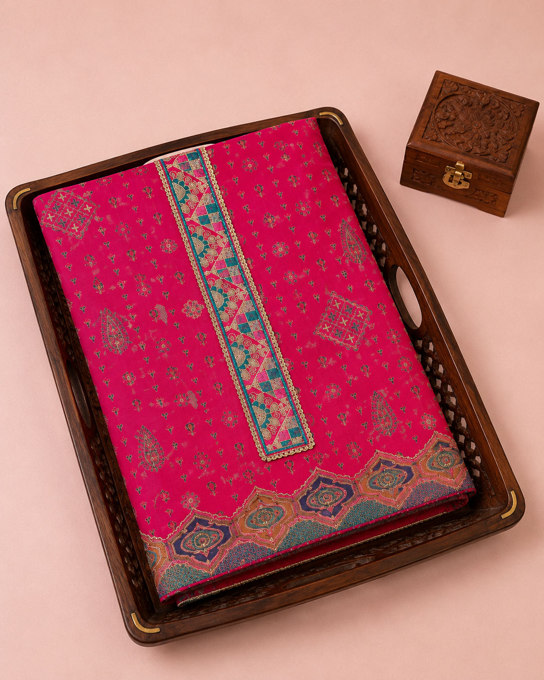 Kashmiri Rani Pink Khani Print Unstitched Suit Set
