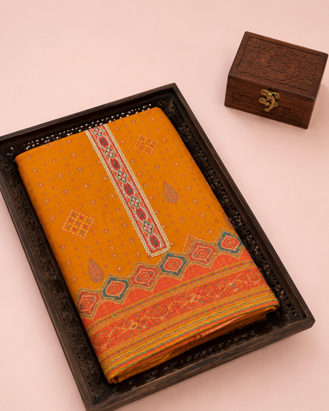 Kashmiri Mustard Yellow Khani Print Unstitched Suit Set