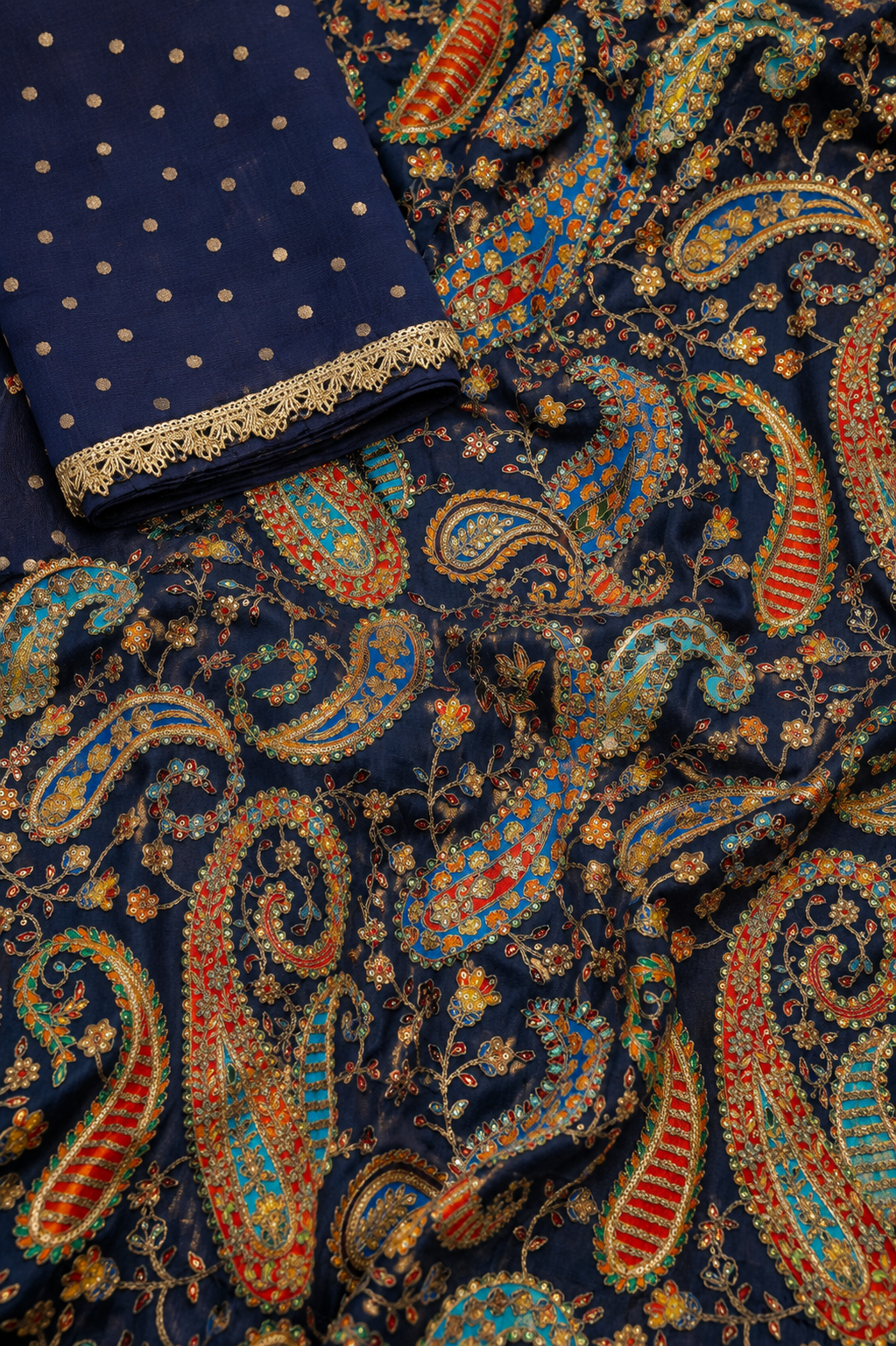 Noor Royal Blue Mirror Embroidered Unstitched Suit Set