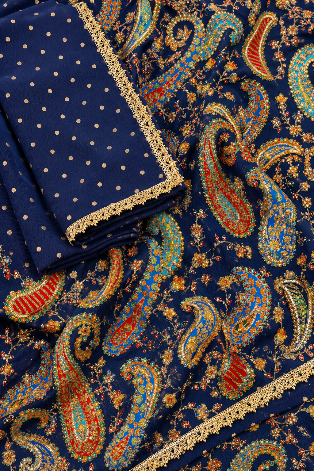 Noor Royal Blue Mirror Embroidered Unstitched Suit Set