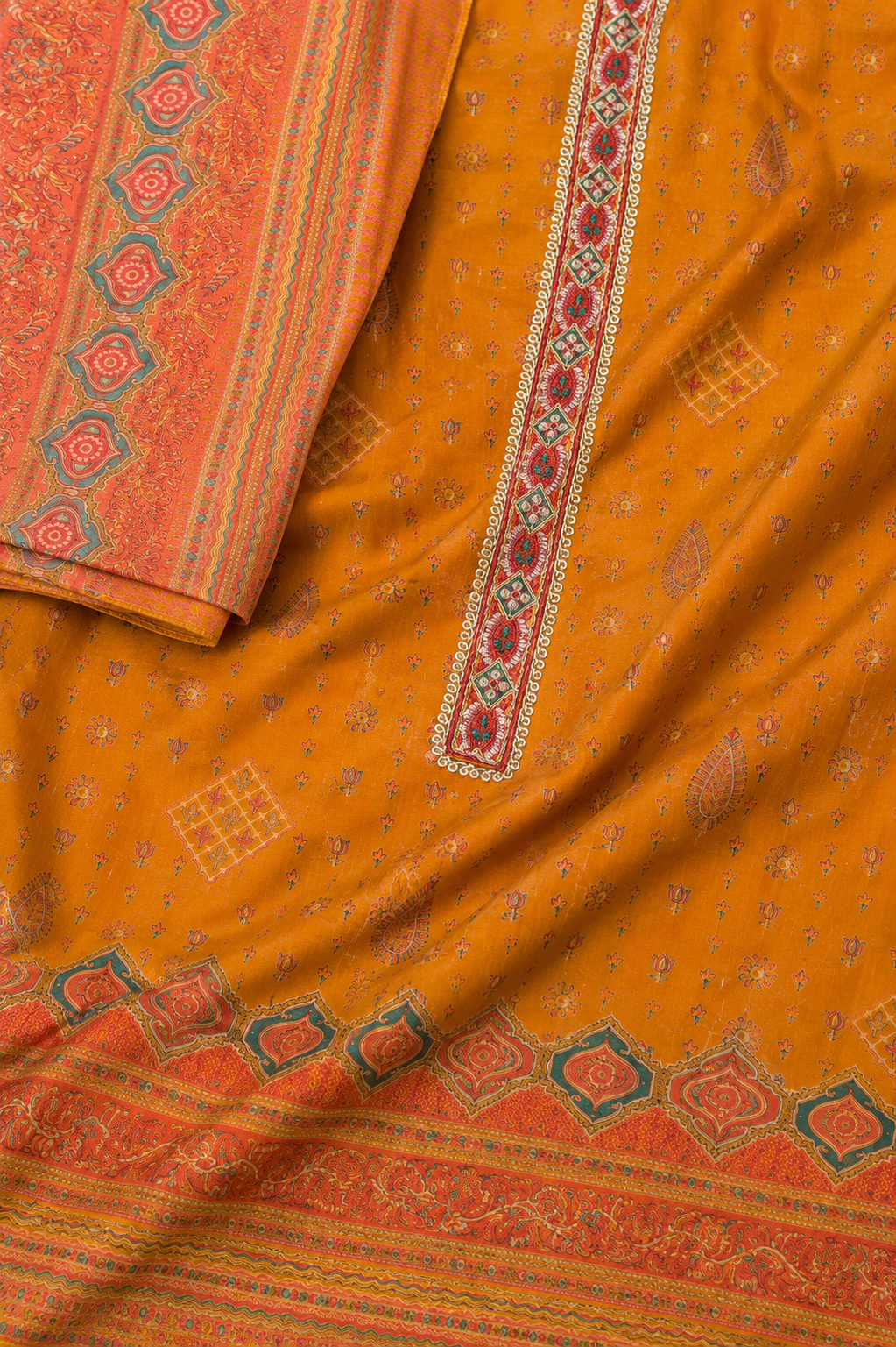 Kashmiri Mustard Yellow Khani Print Unstitched Suit Set