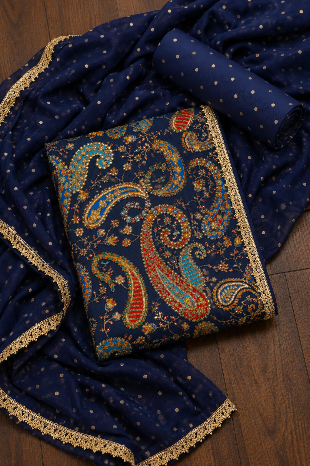 Noor Royal Blue Mirror Embroidered Unstitched Suit Set