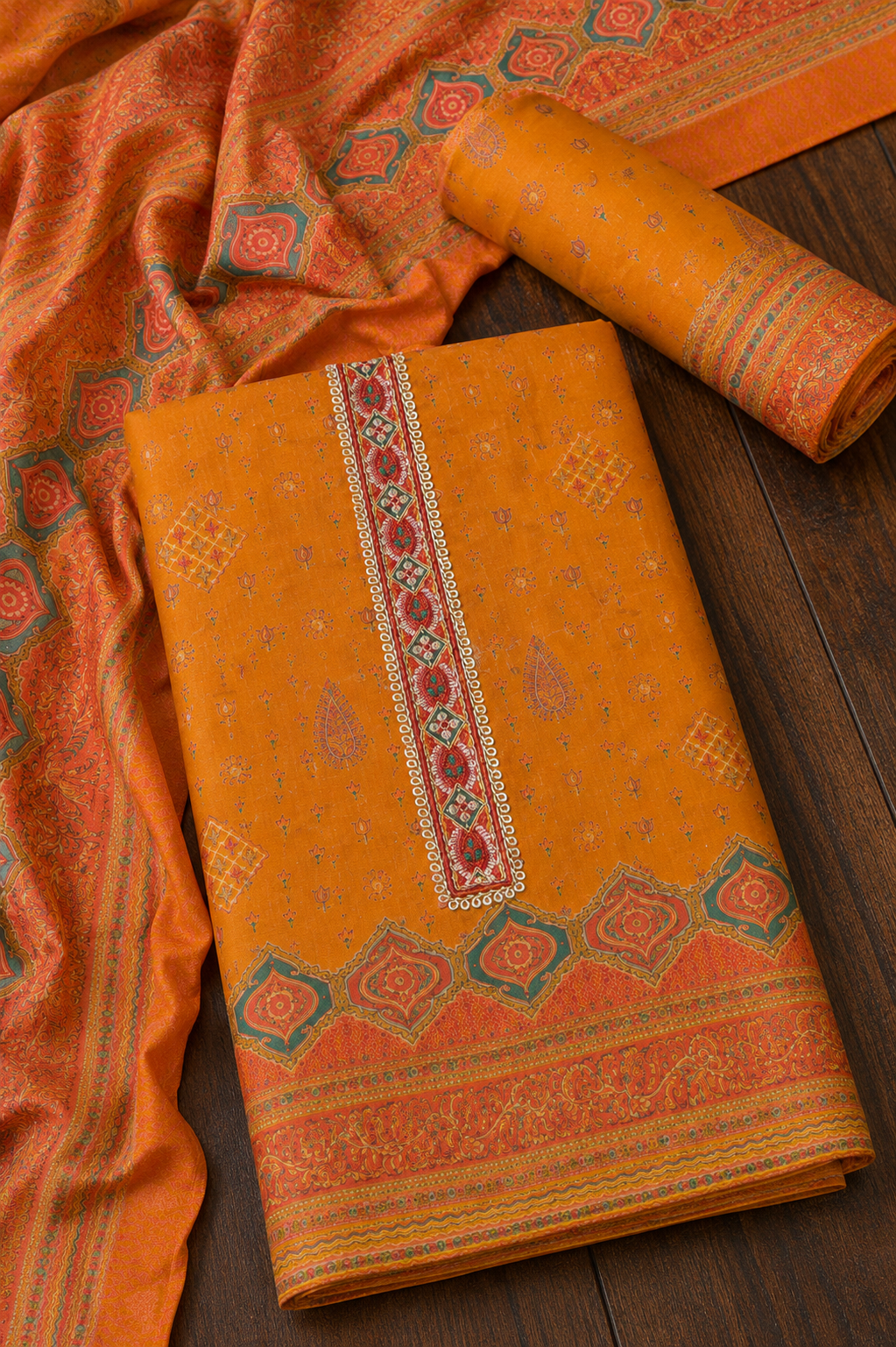 Kashmiri Mustard Yellow Khani Print Unstitched Suit Set