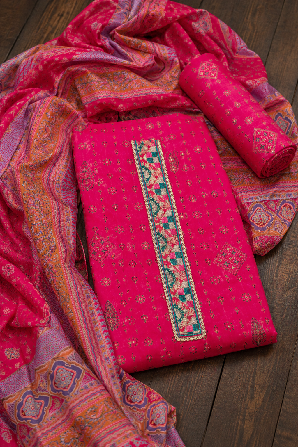 Kashmiri Rani Pink Khani Print Unstitched Suit Set