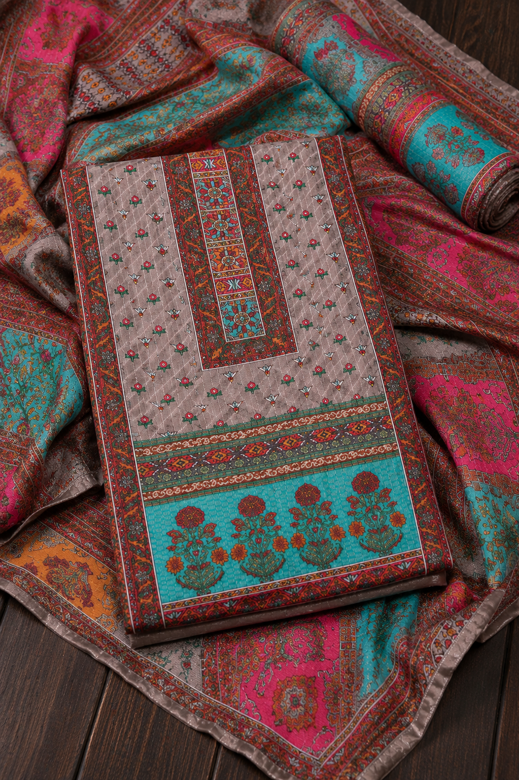 Kashida Print Muslin Silk Pakistani Unstitched Ensemble
