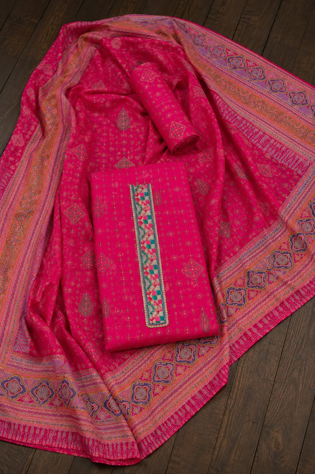 Kashmiri Rani Pink Khani Print Unstitched Suit Set