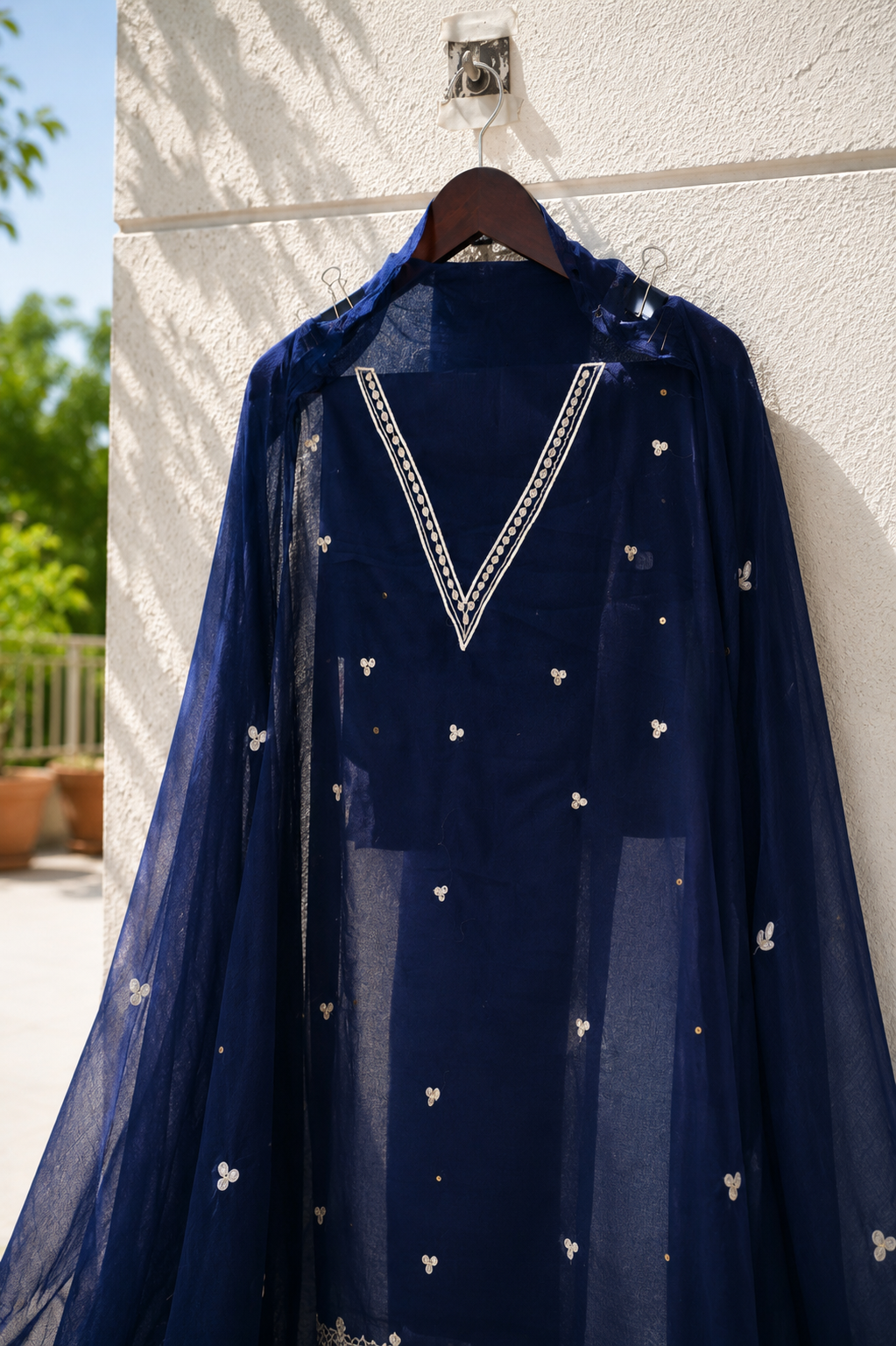Mehar dark blue peacock peeta handmade design with chiffon dupatta