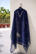 Mehar dark blue peacock peeta handmade design with chiffon dupatta