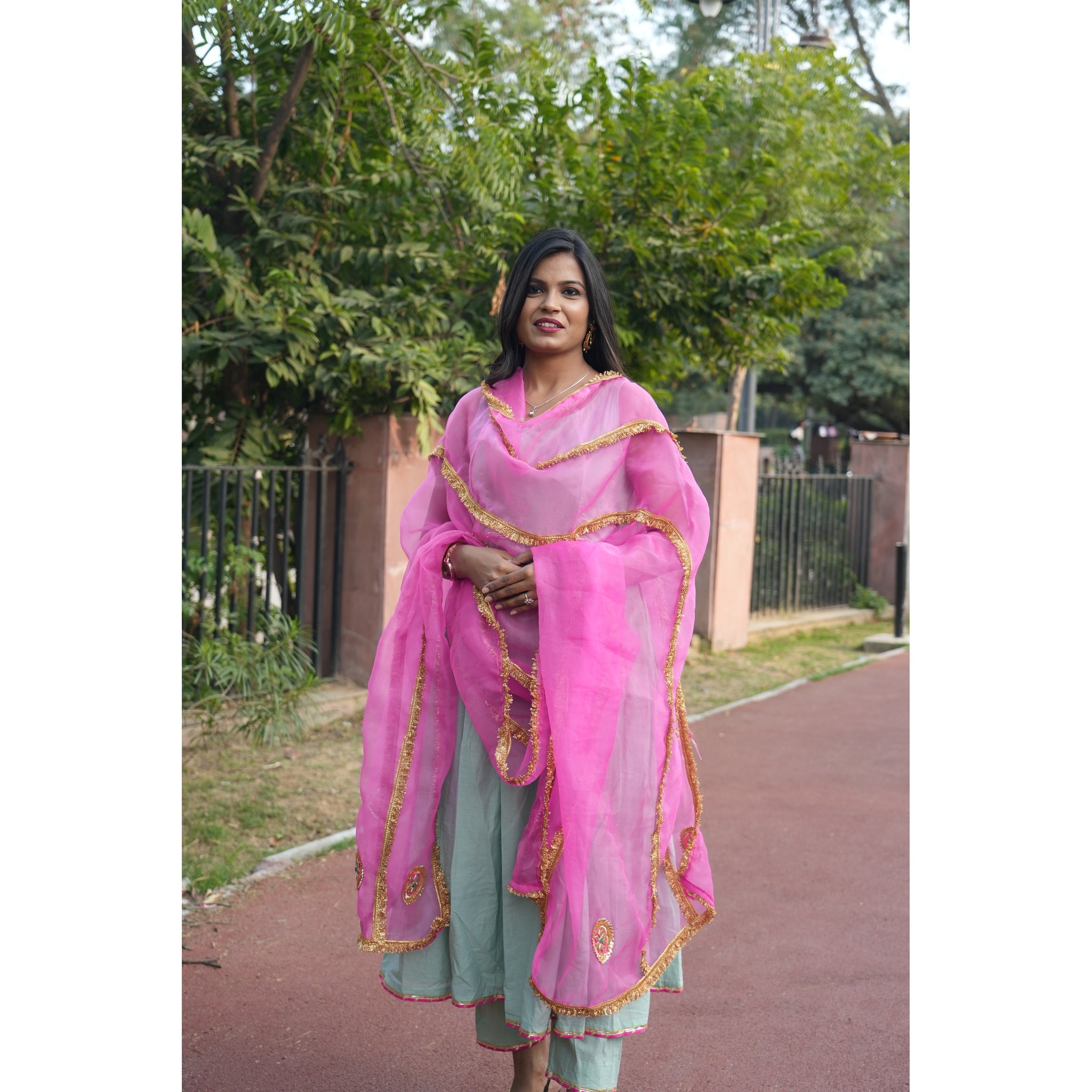Women's Mint Green Silk Blend Anarkali with Heavy Gota Work Dupatta