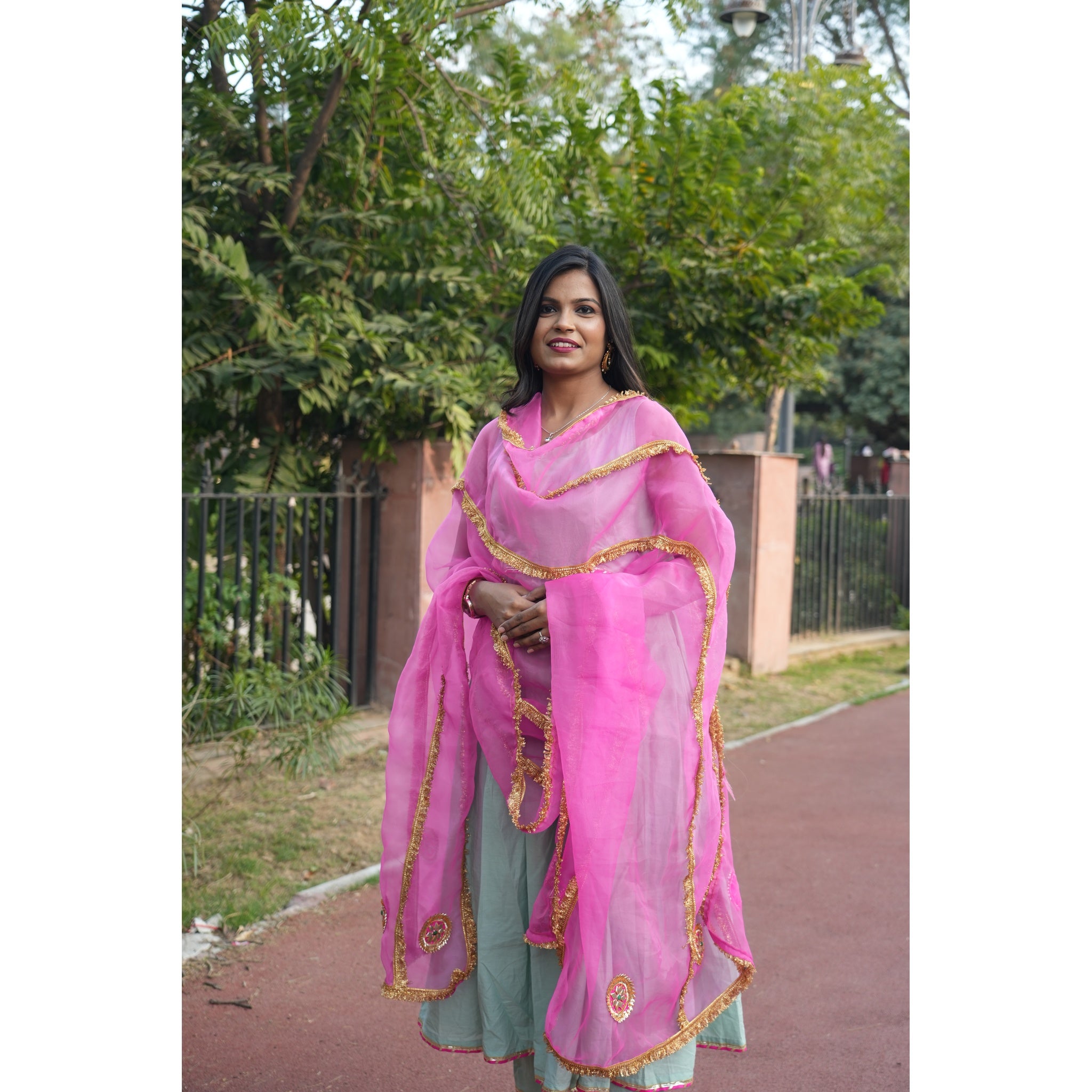 Women's Mint Green Silk Blend Anarkali with Heavy Gota Work Dupatta