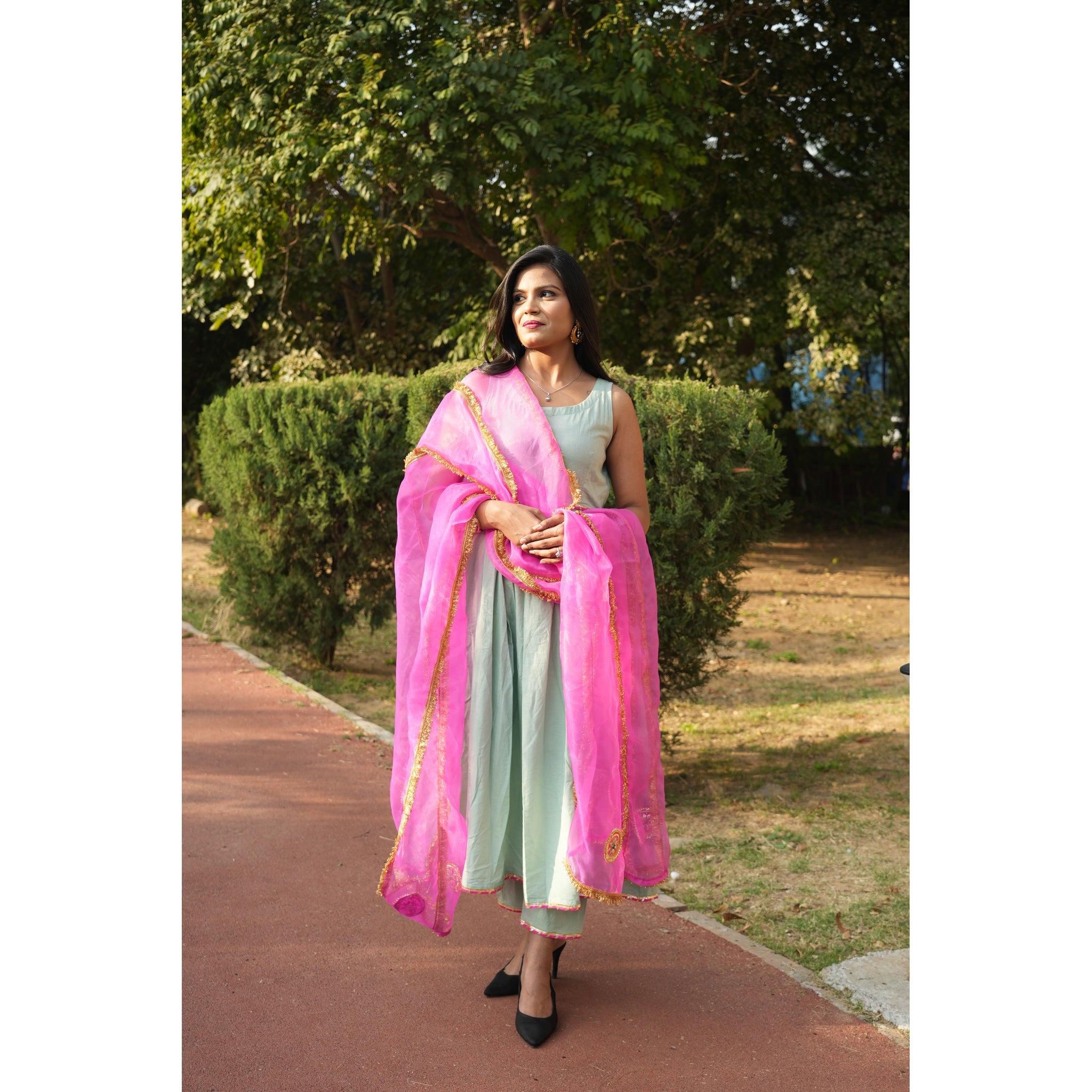 Women's Mint Green Silk Blend Anarkali with Heavy Gota Work Dupatta