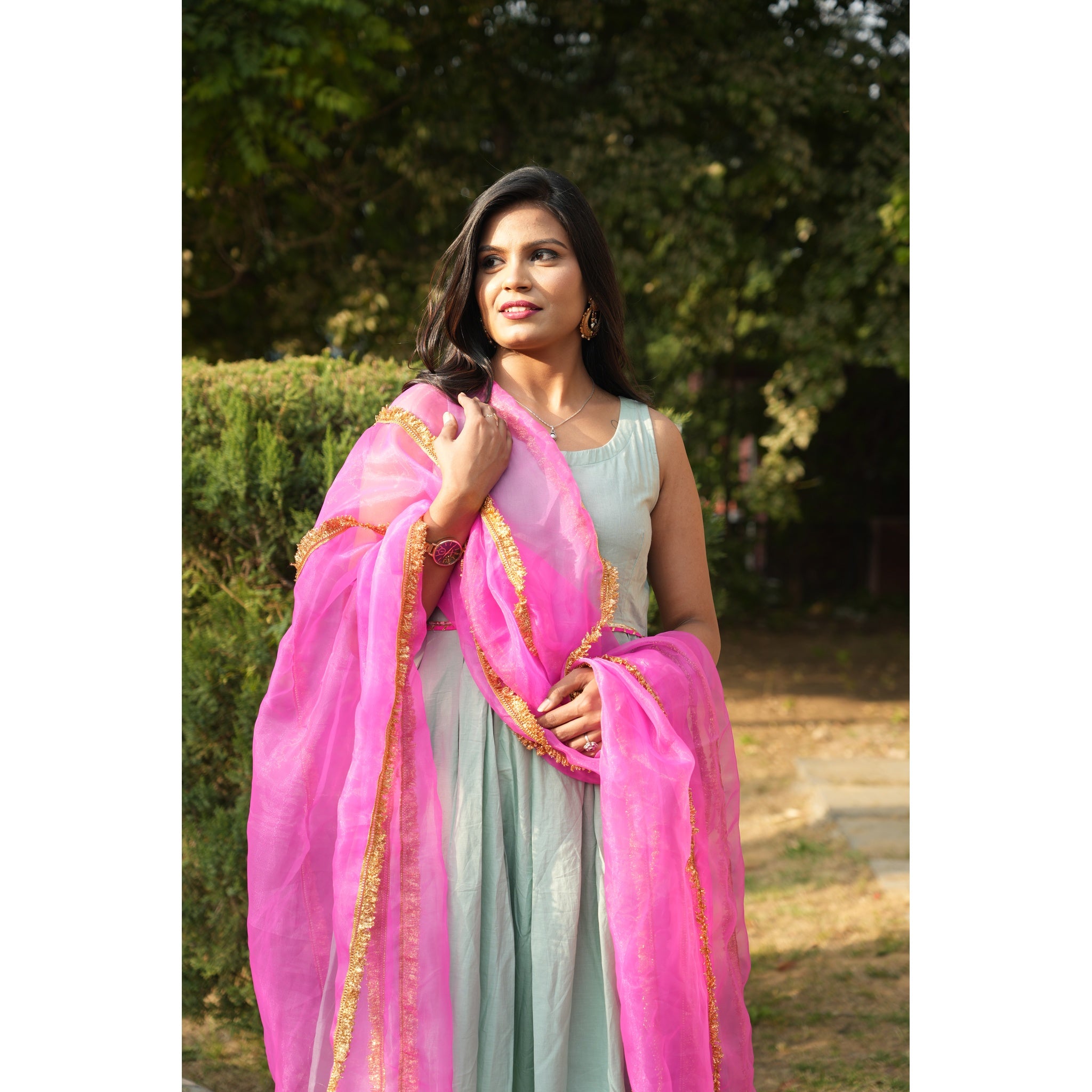 Women's Mint Green Silk Blend Anarkali with Heavy Gota Work Dupatta