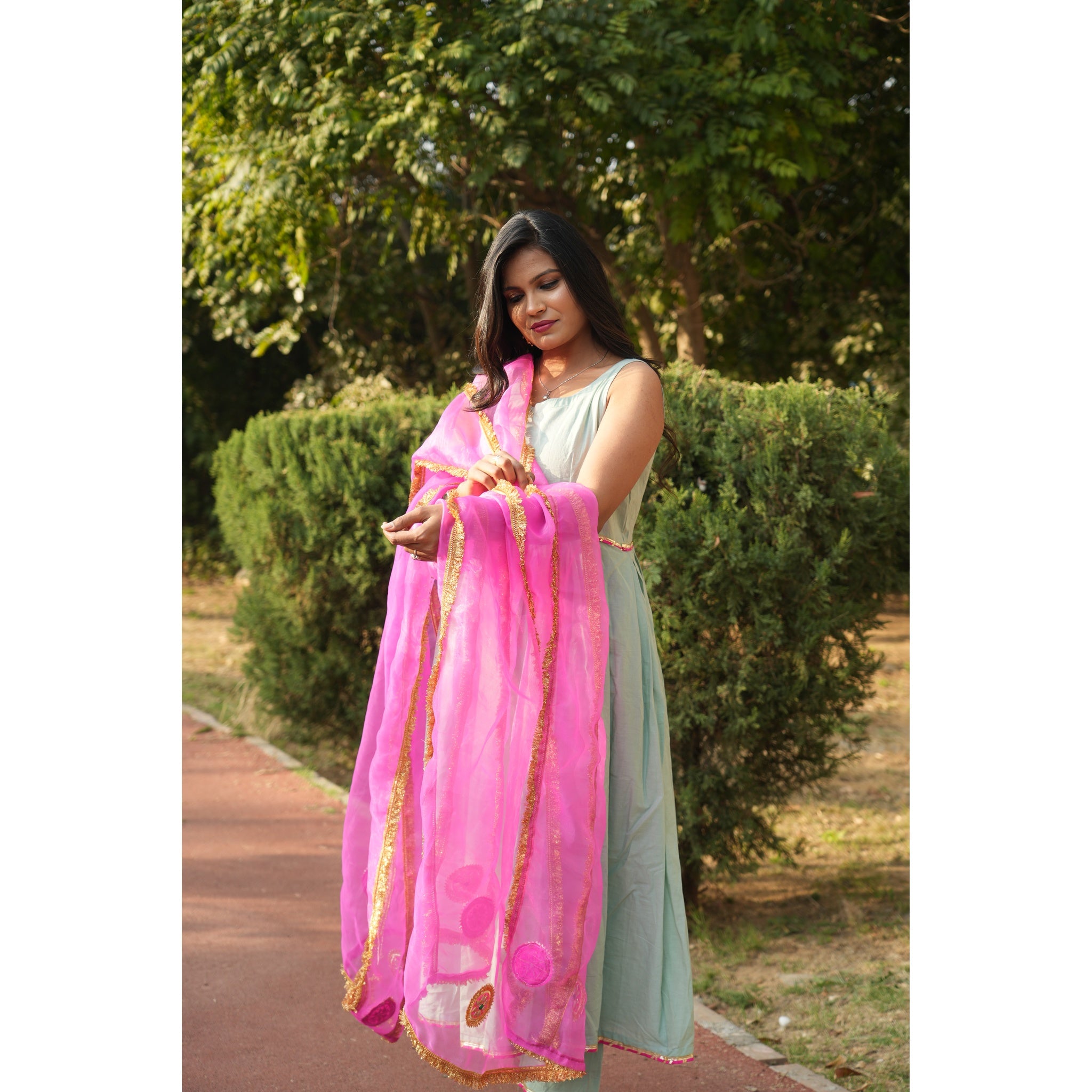 Women's Mint Green Silk Blend Anarkali with Heavy Gota Work Dupatta