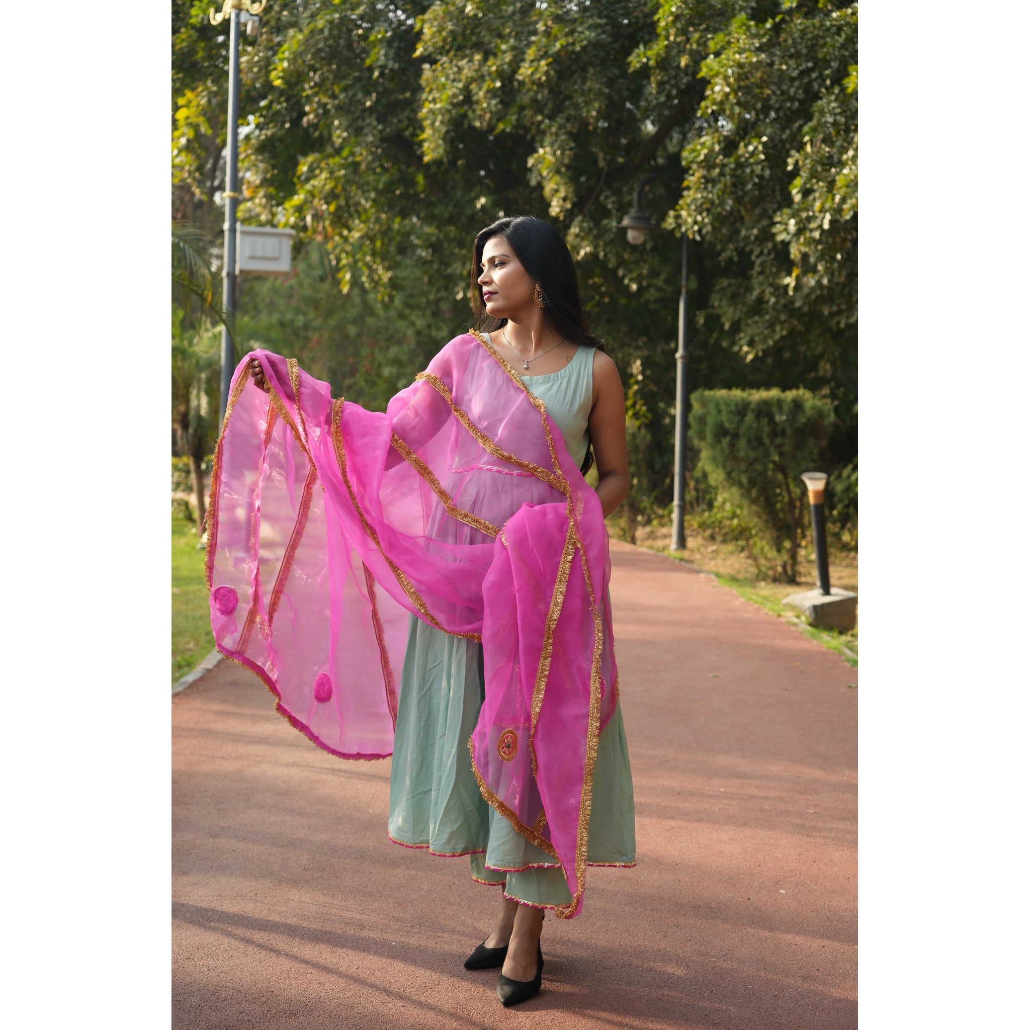 Women's Mint Green Silk Blend Anarkali with Heavy Gota Work Dupatta