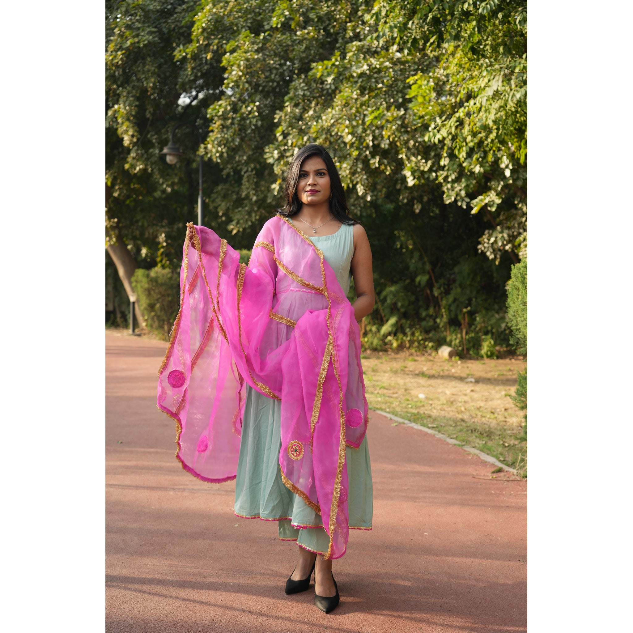 Women's Mint Green Silk Blend Anarkali with Heavy Gota Work Dupatta