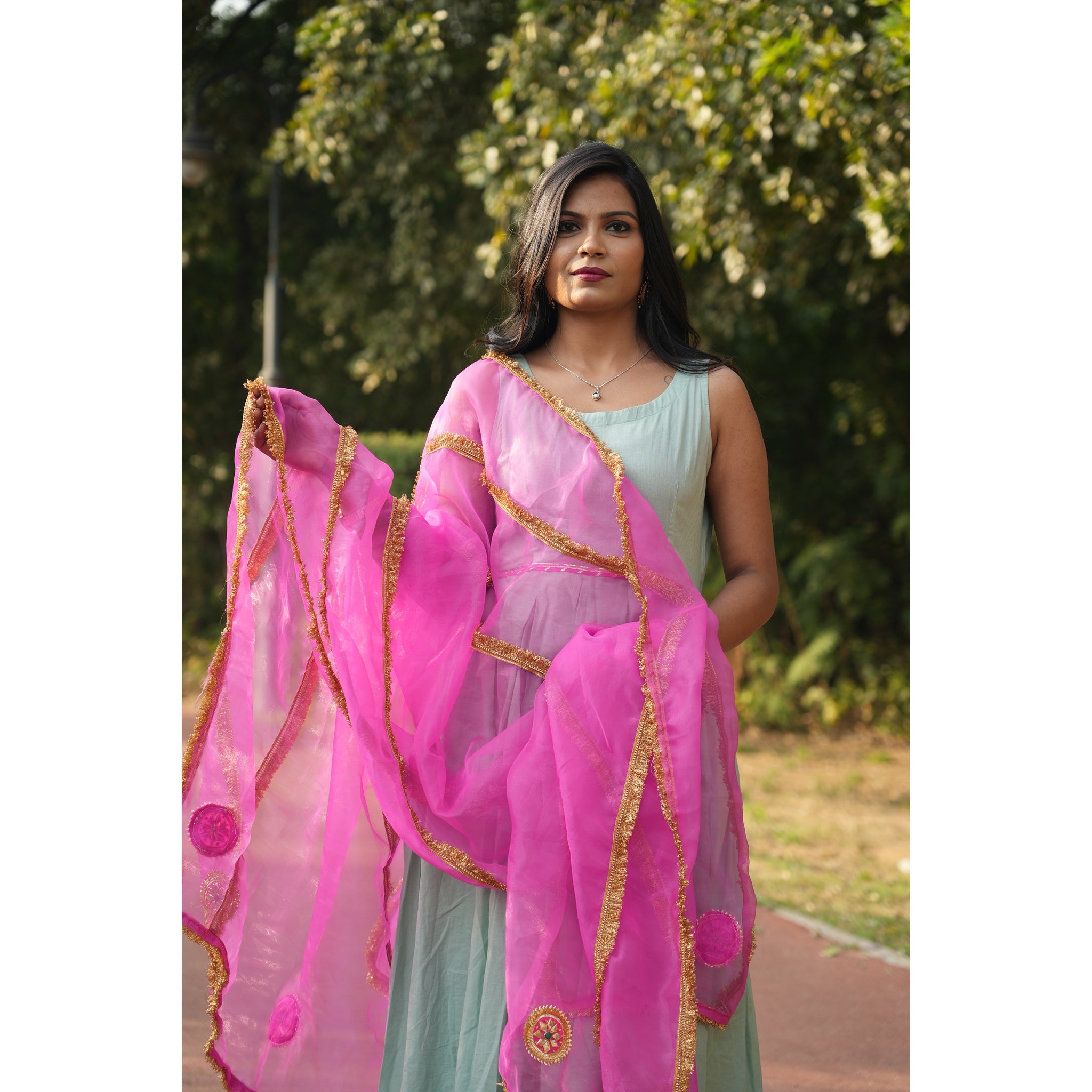 Women's Mint Green Silk Blend Anarkali with Heavy Gota Work Dupatta