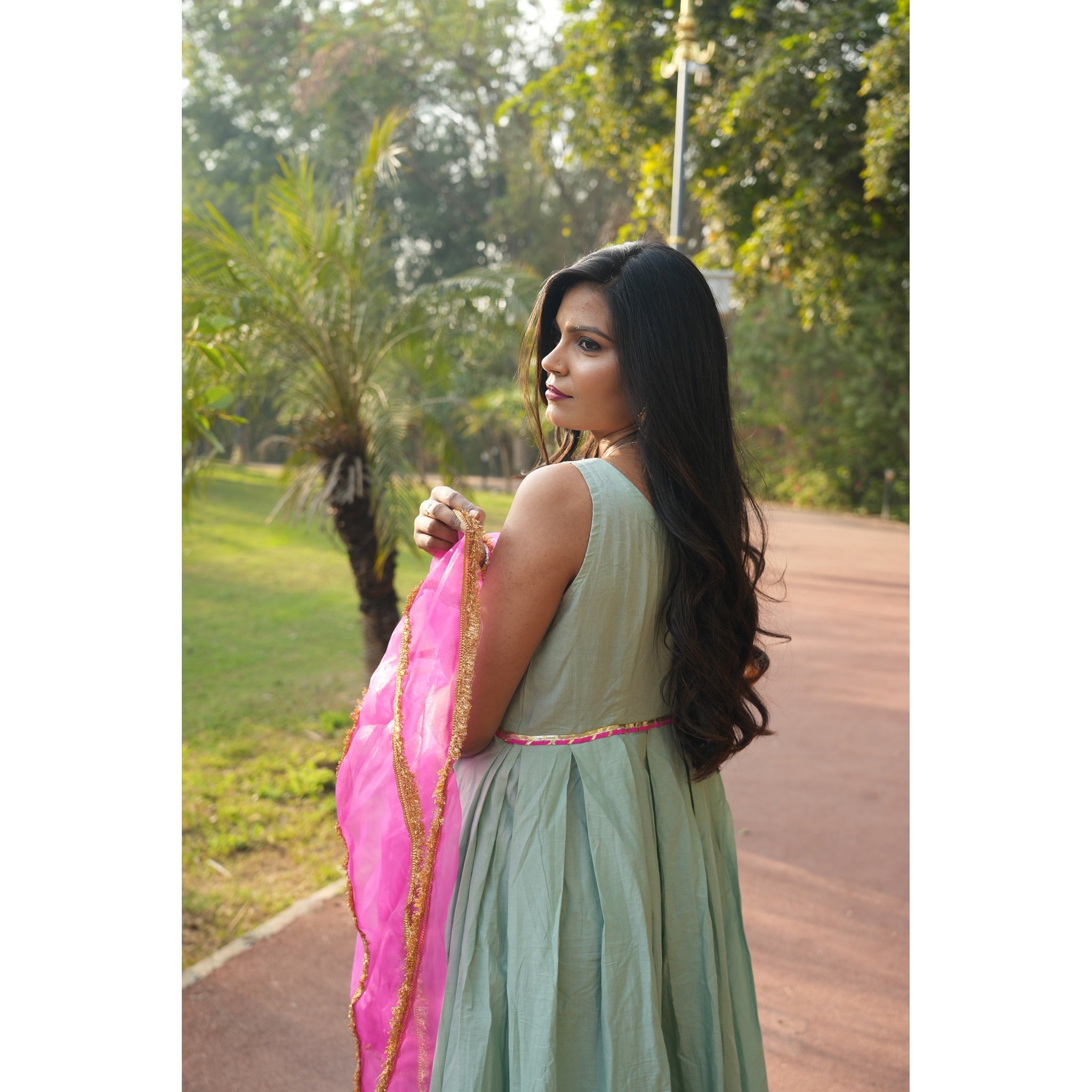Women's Mint Green Silk Blend Anarkali with Heavy Gota Work Dupatta