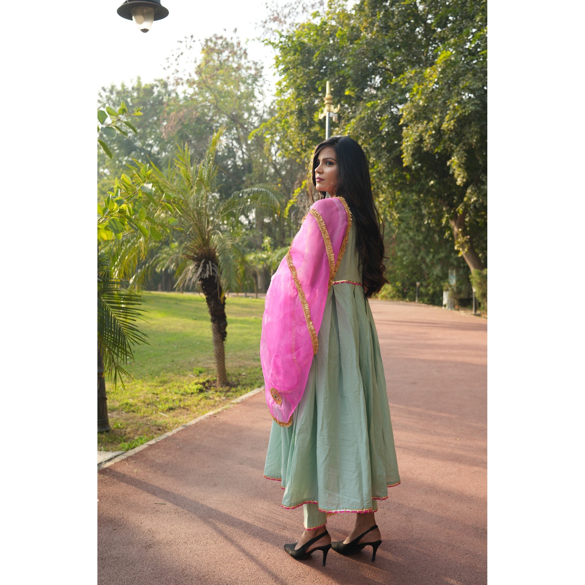 Women's Mint Green Silk Blend Anarkali with Heavy Gota Work Dupatta
