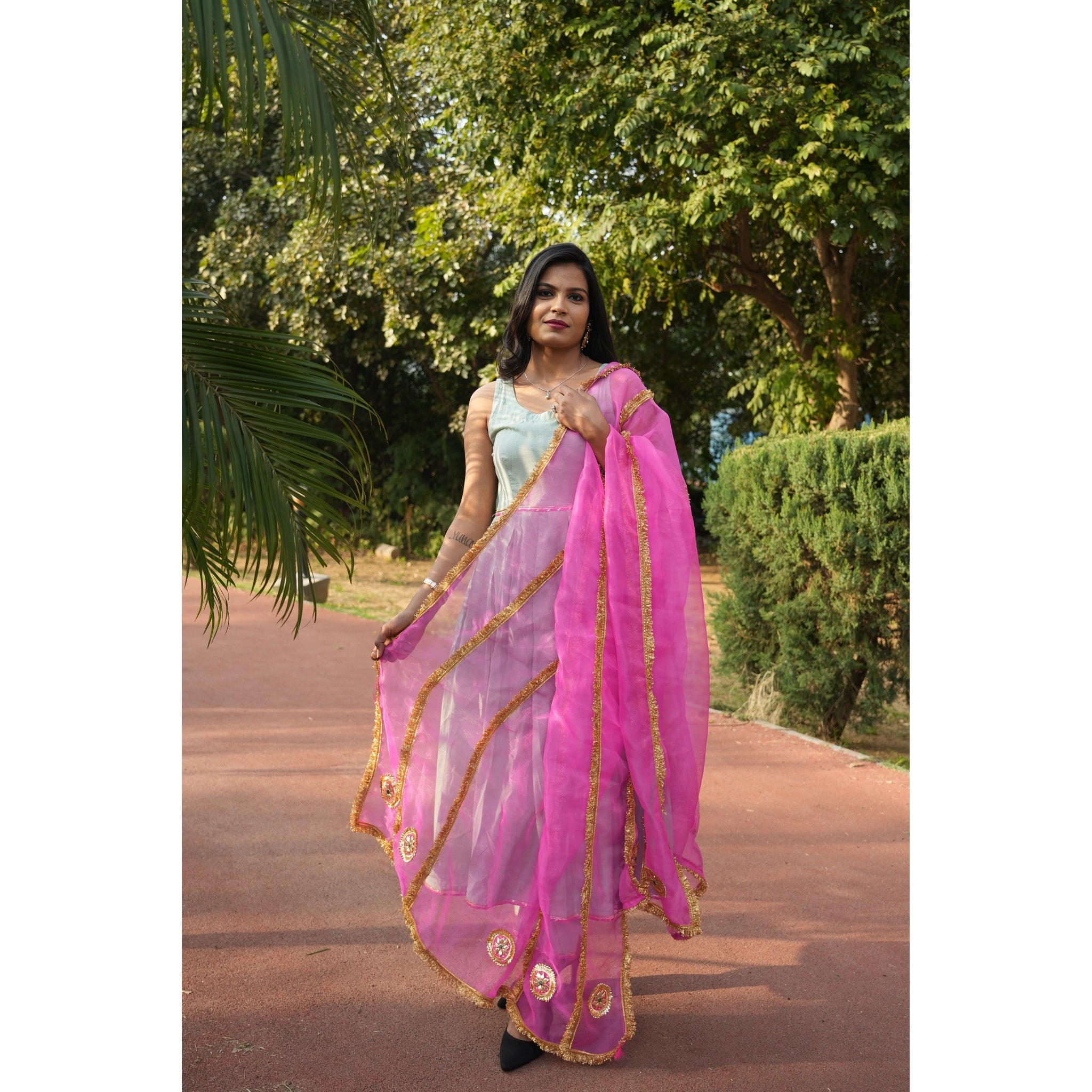 Women's Mint Green Silk Blend Anarkali with Heavy Gota Work Dupatta