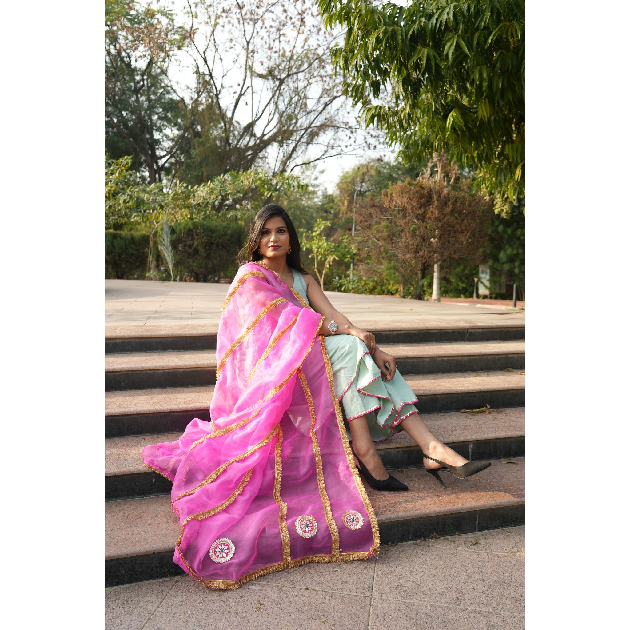 Women's Mint Green Silk Blend Anarkali with Heavy Gota Work Dupatta