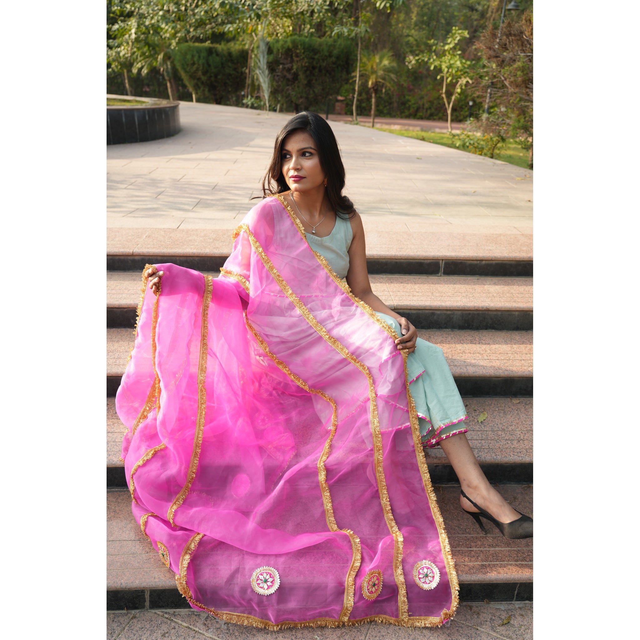 Women's Mint Green Silk Blend Anarkali with Heavy Gota Work Dupatta