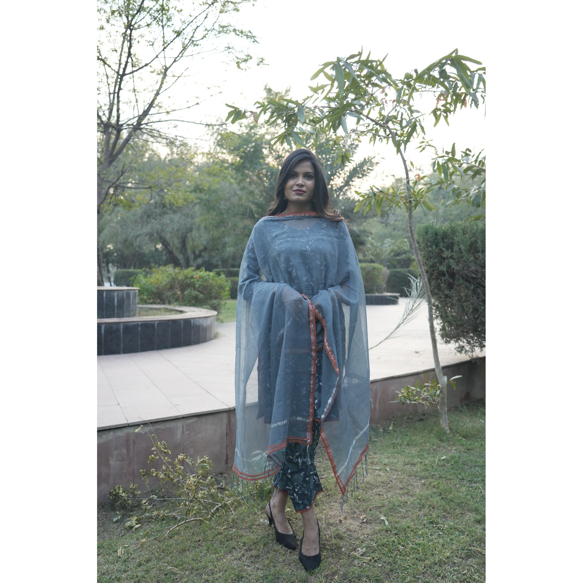 Indigo Blue Floral Print Anarkali Kurta Set with Chanderi Dupatta