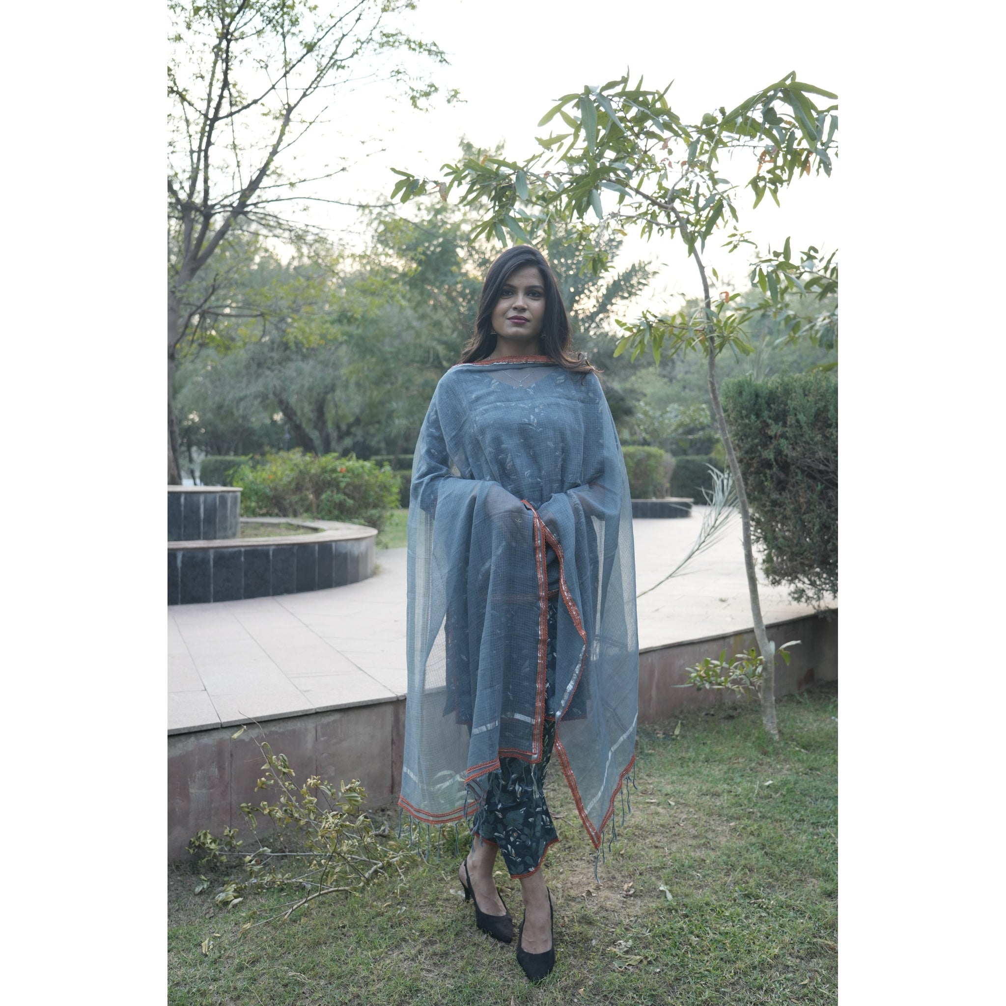 Indigo Blue Floral Print Anarkali Kurta Set with Chanderi Dupatta