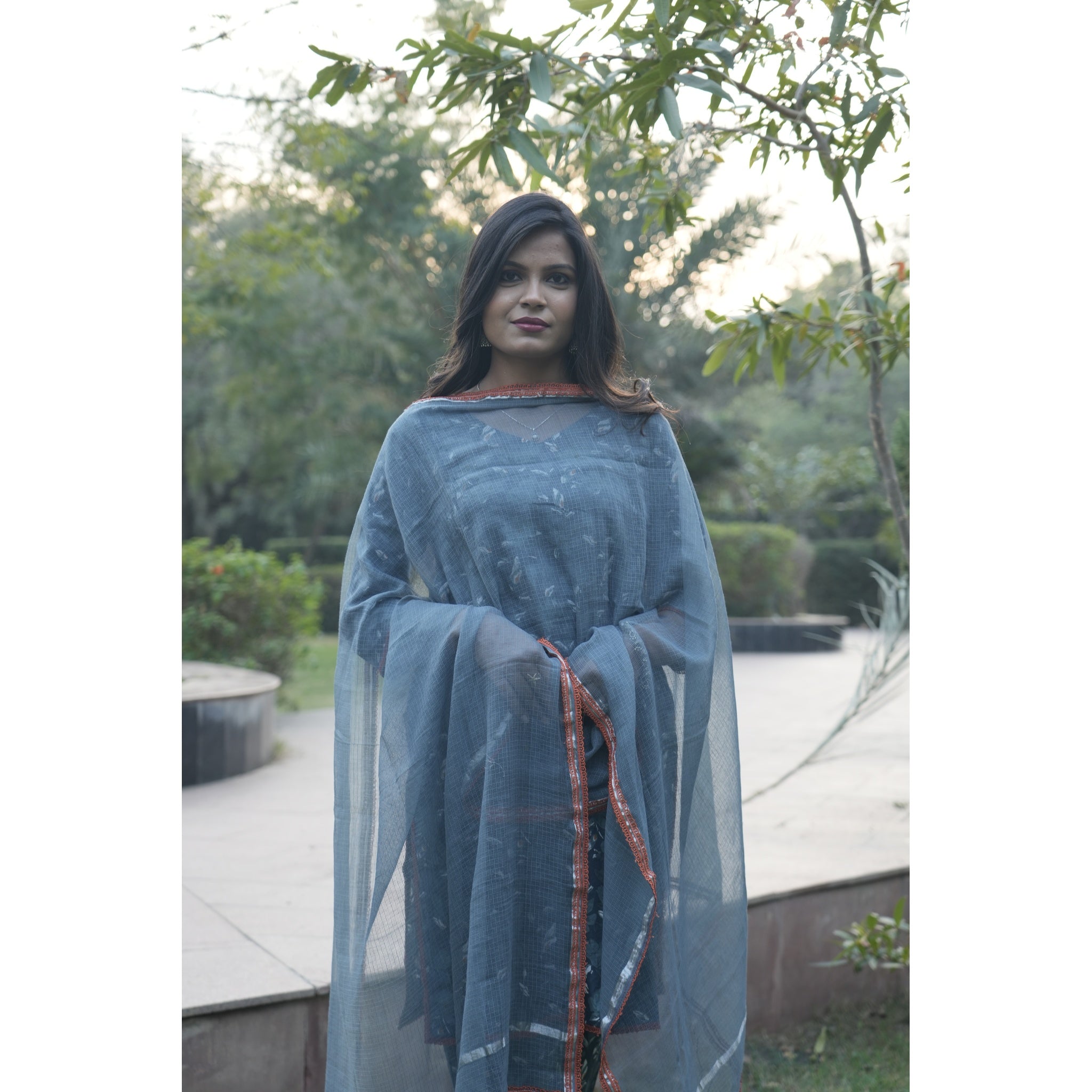 Indigo Blue Floral Print Anarkali Kurta Set with Chanderi Dupatta
